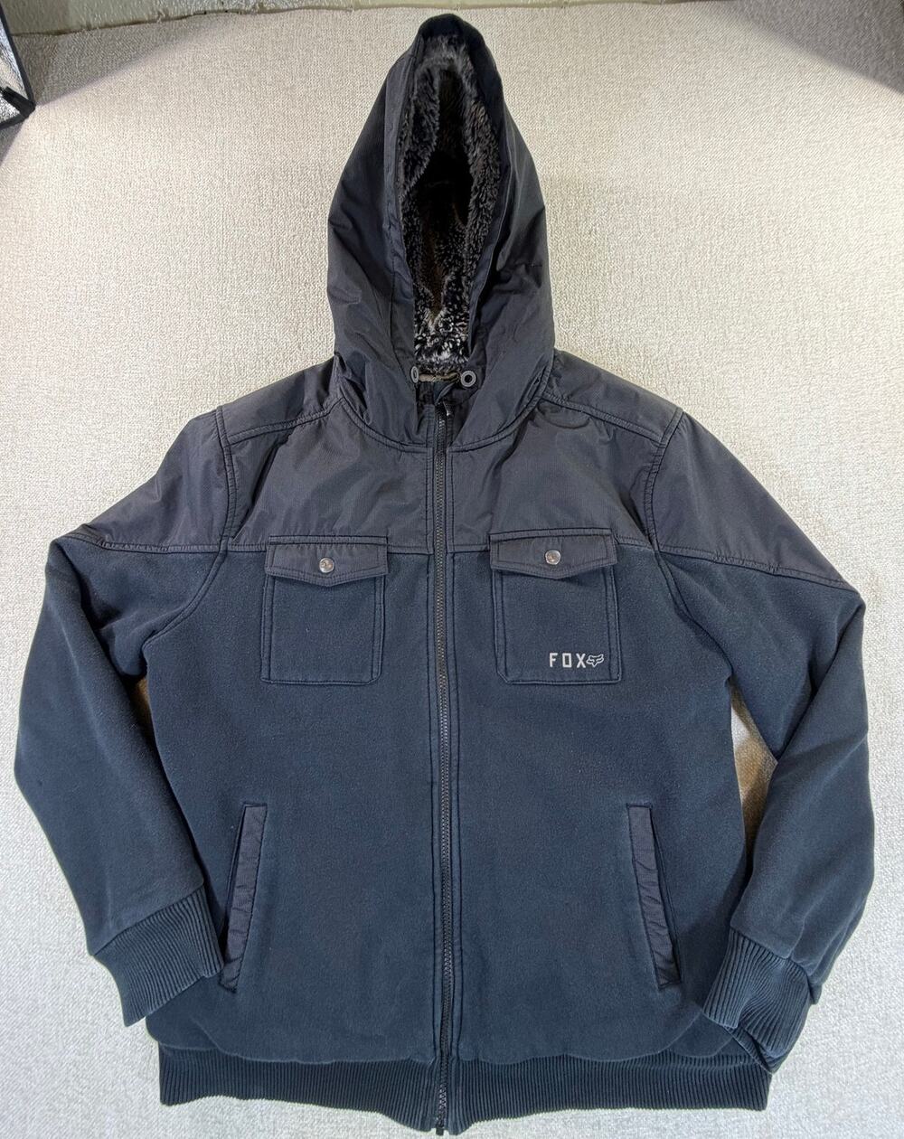 Fox Racing Men's XL Black Sasquatch Faux Fur Lined Hooded Zip Front Jacket Coat